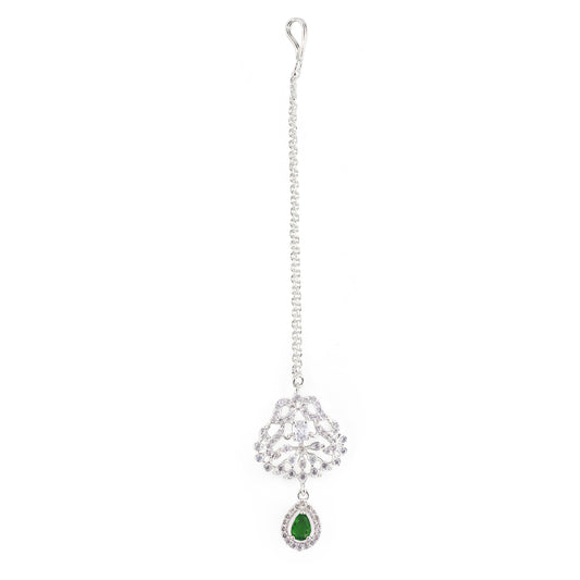 Silver Plated Green AD Maang Tikka for Women
