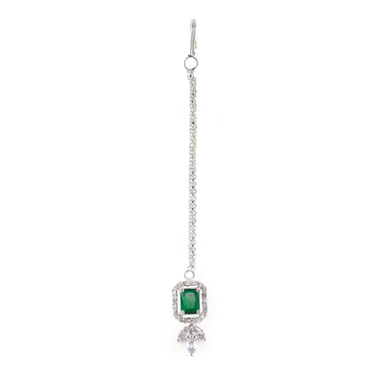 Silver Plated Green AD Maang Tikka for Women
