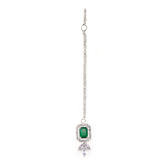 Silver Plated Green AD Maang Tikka for Women