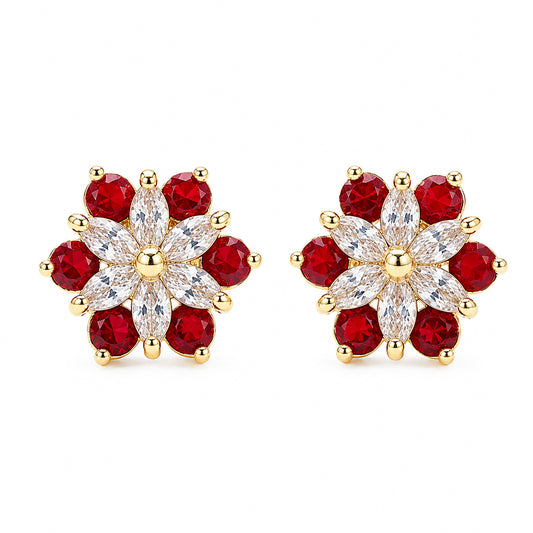 Gold Plated Red AD Floral Stud Earrings for Women