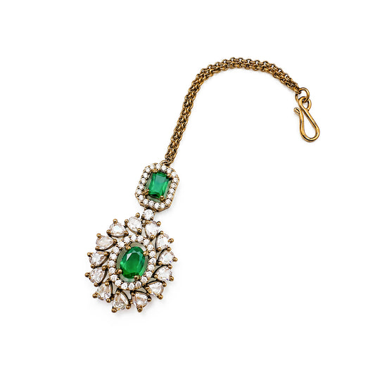 Antique Gold Plated Green AD Maang Tikka for Women