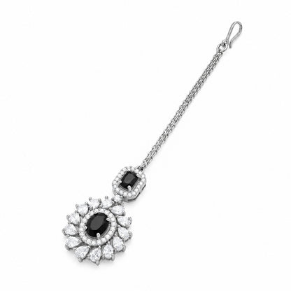Silver Plated Black AD Maang Tikka for Women