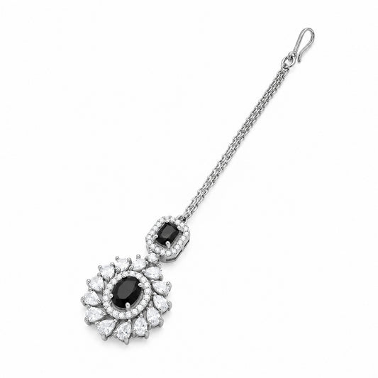 Silver Plated Black AD Maang Tikka for Women