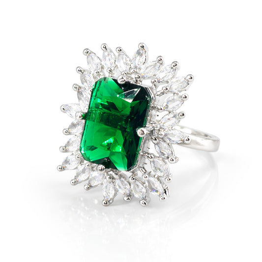 Rhodium Plated Green AD Finger Ring for Women