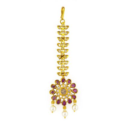 Gold Plated Red American Diamond Maang Tikka for Women