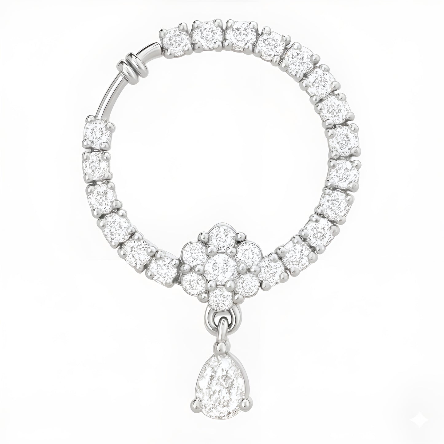 Silver Plated White American Diamond Bridal Floral Drop Nose Ring for Women