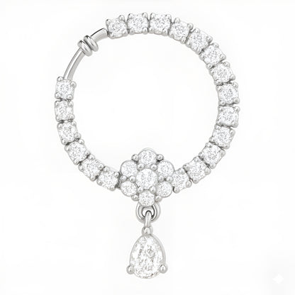 Silver Plated White American Diamond Bridal Floral Drop Nose Ring for Women