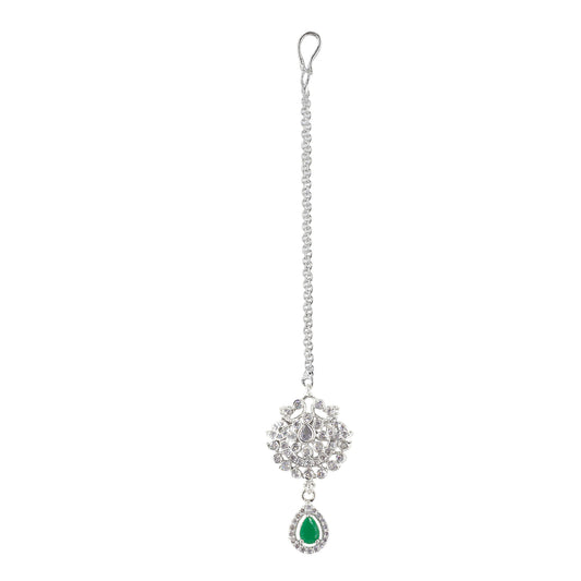 Silver Plated Green AD Maang Tikka for Women