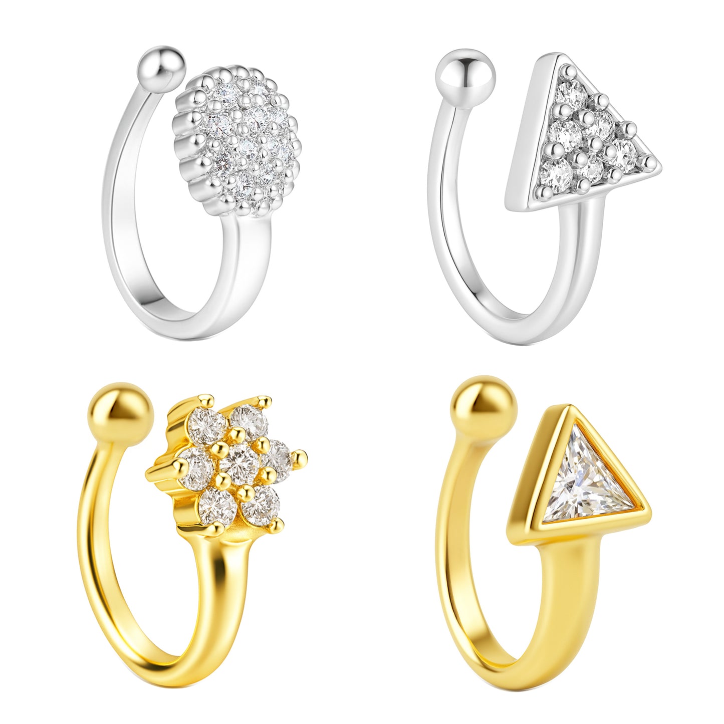Set of 4 Silver & Gold Plated White American Diamond Press On Nose Pins