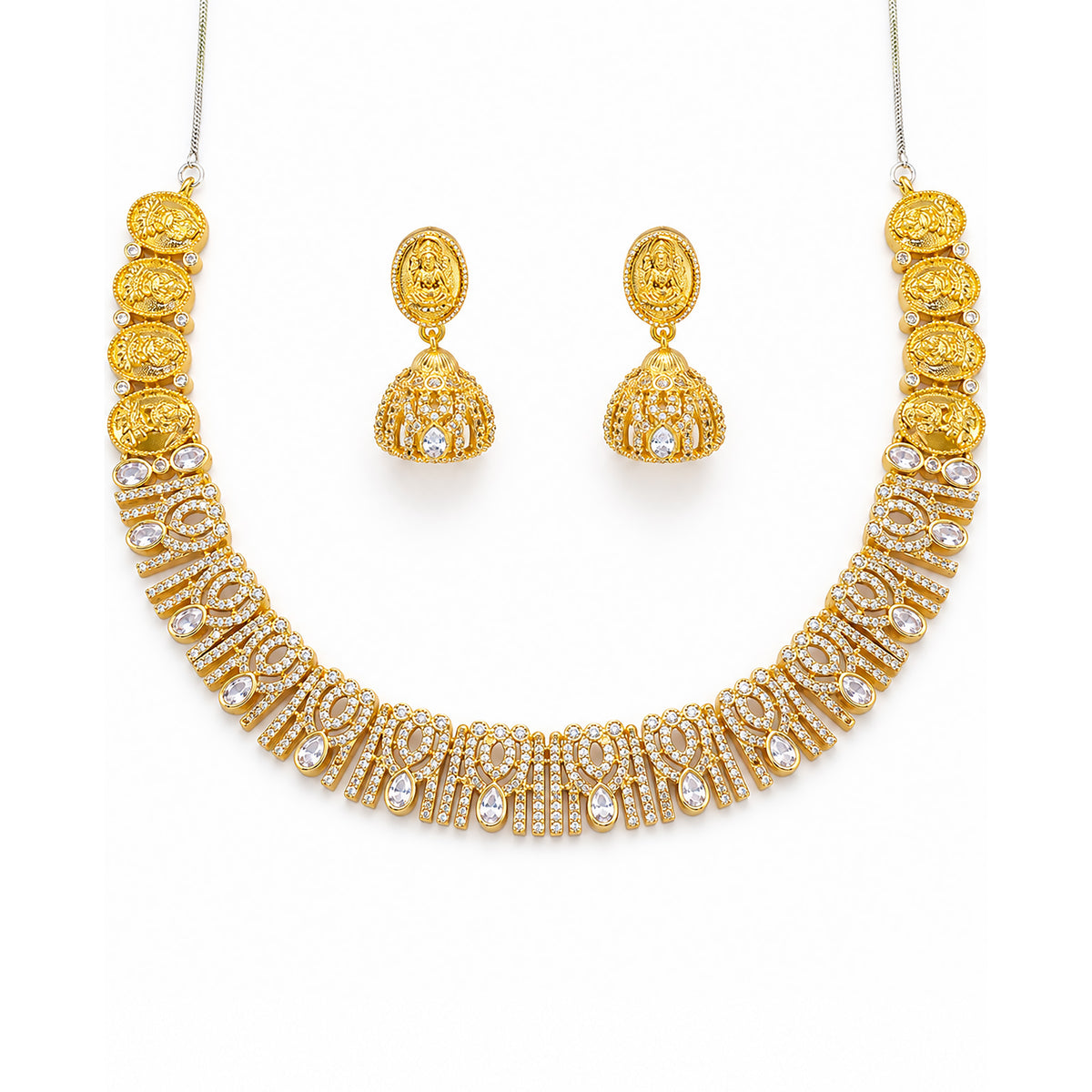 Gold Plated American Diamond Temple Jewellery Set