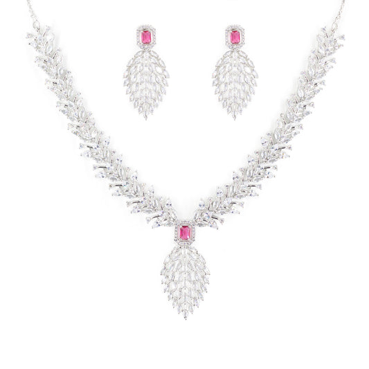 Silver Plated Red American Diamond Designer Jewellery Set for Women
