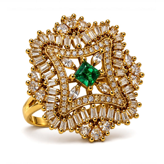 Antique Gold Plated Green AD Finger Ring for Women
