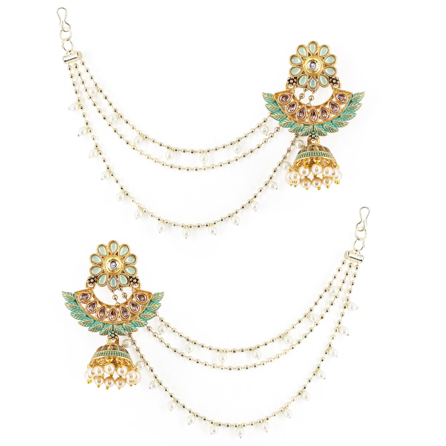 Gold Plated Green Kundan Jhumka Earrings with Chain for Women