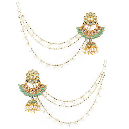 Gold Plated Green Kundan Jhumka Earrings with Chain for Women