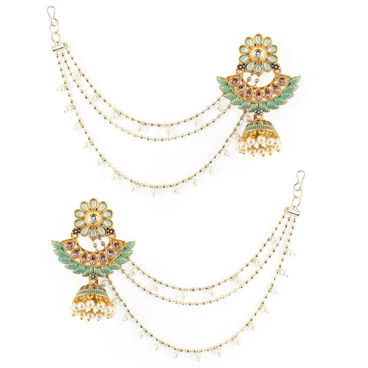 Gold Plated Green Kundan Jhumka Earrings with Chain for Women