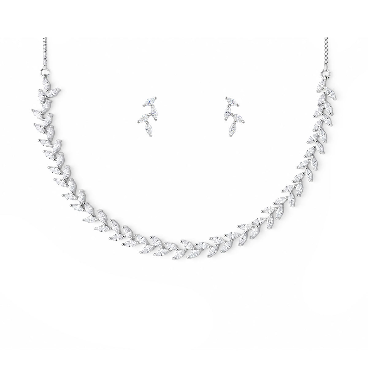 Silver-Plated Leaf American Diamond-Studded Jewellery Set