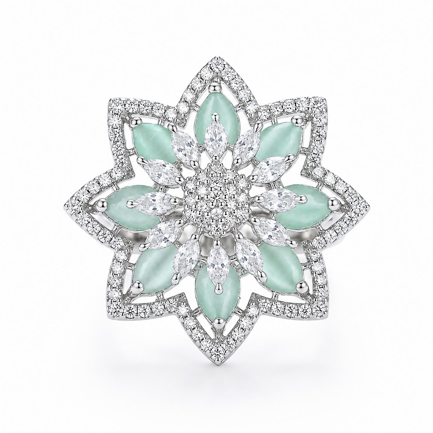 Silver Plated Green AD Floral Finger Ring for Women