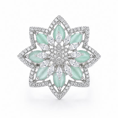 Silver Plated Green AD Floral Finger Ring for Women