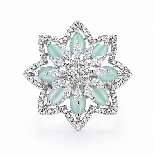 Silver Plated Green AD Floral Finger Ring for Women