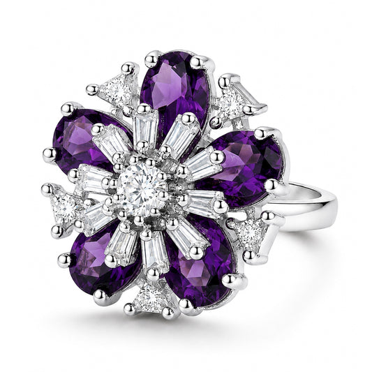 Rhodium Plated Purple AD Floral Finger Ring for Women