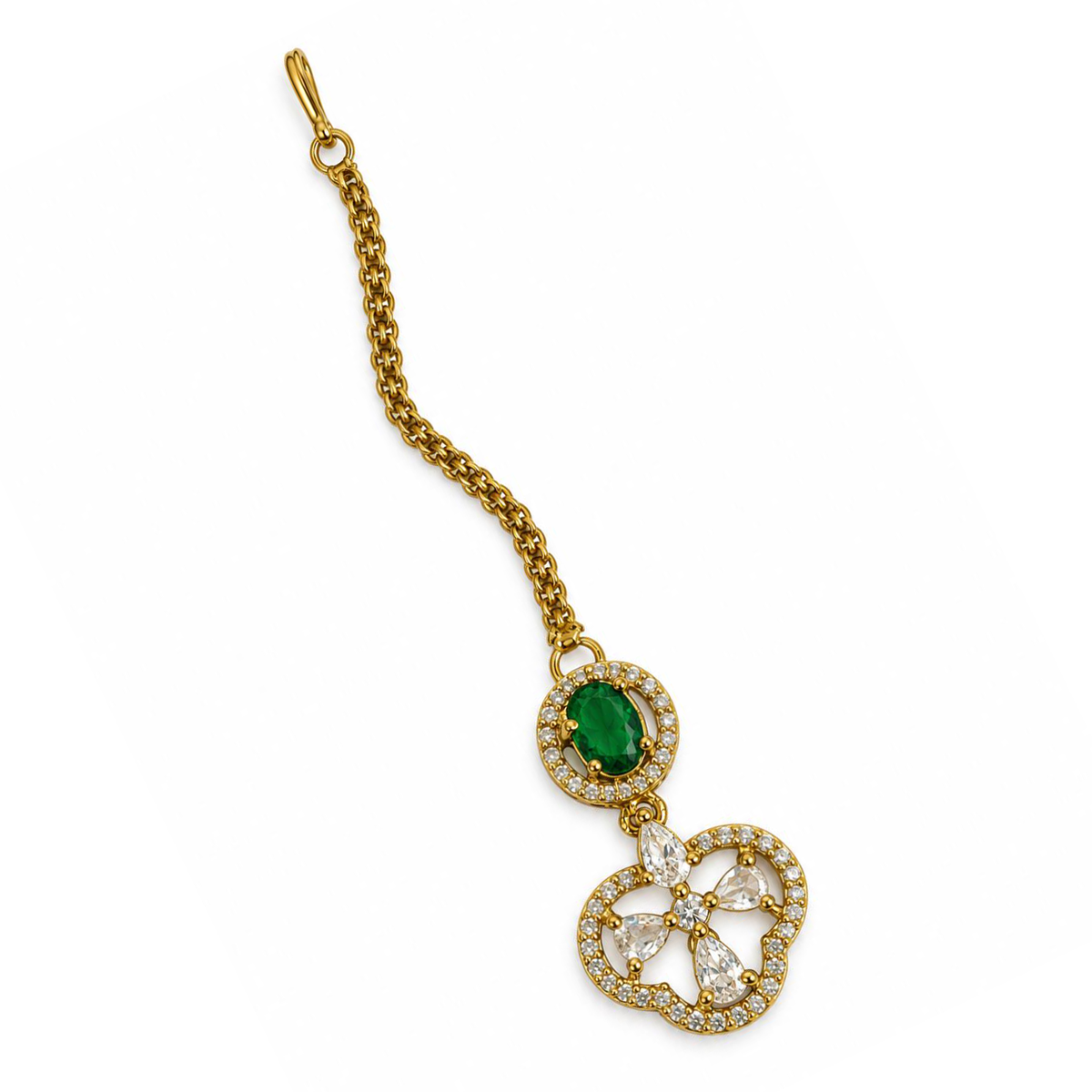 South Indian Gold Plated Green AD Maang Tikka for Women