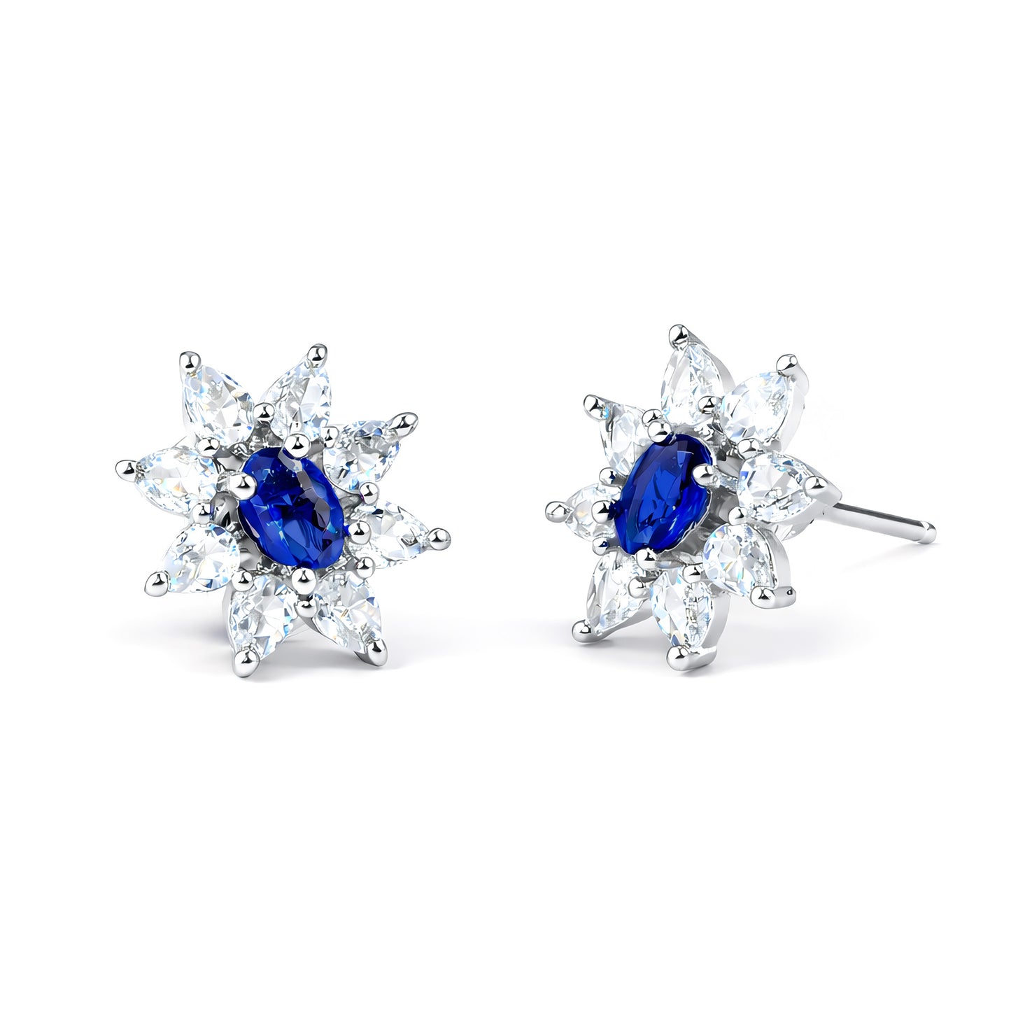 Rhodium Plated Blue AD Floral Studs for Women