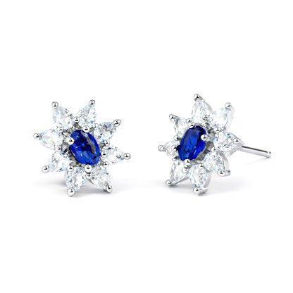 Rhodium Plated Blue AD Floral Studs for Women
