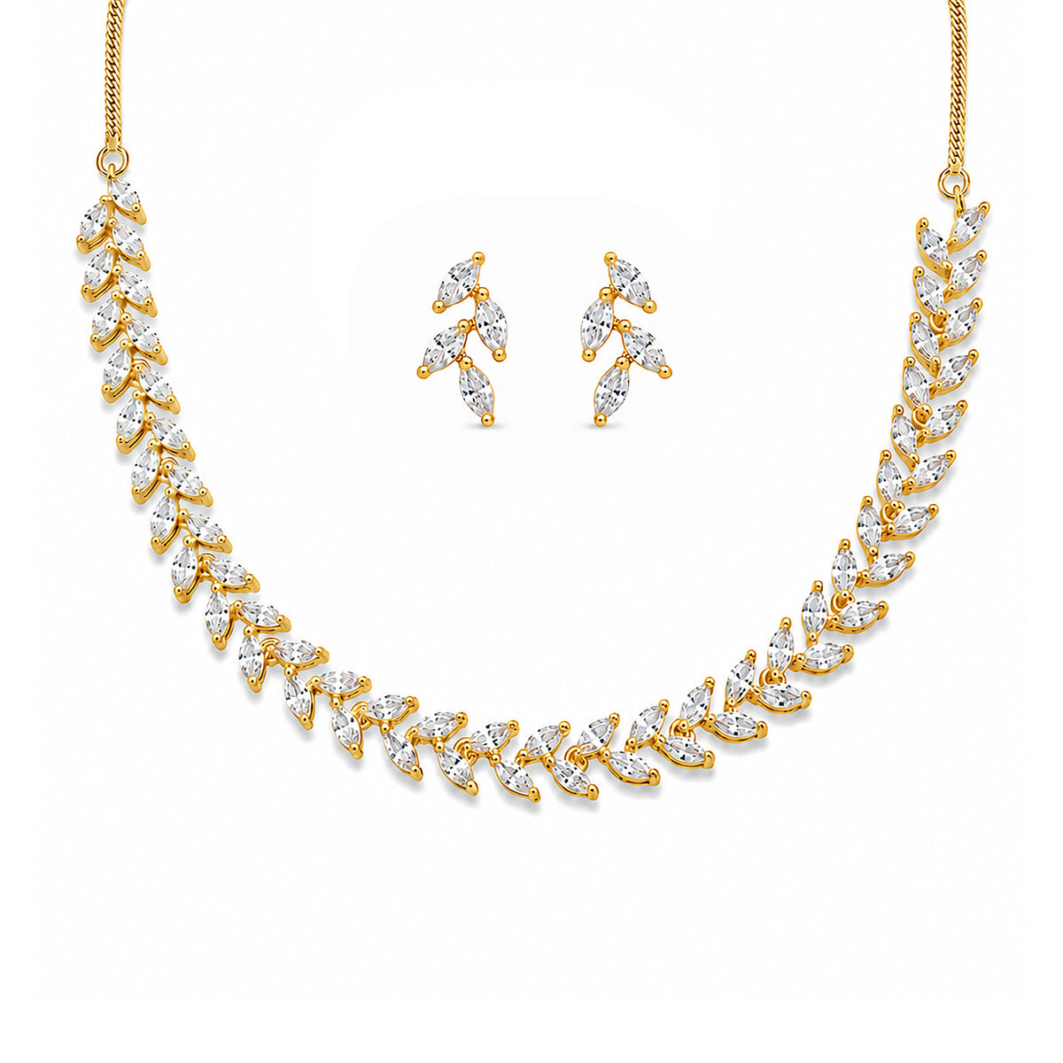 Gold Plated Leaf American Diamond Trendy Jewellery Set