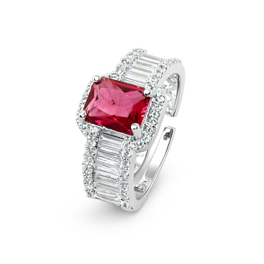 Silver Plated Red American Diamond Adjustable Ring for Women