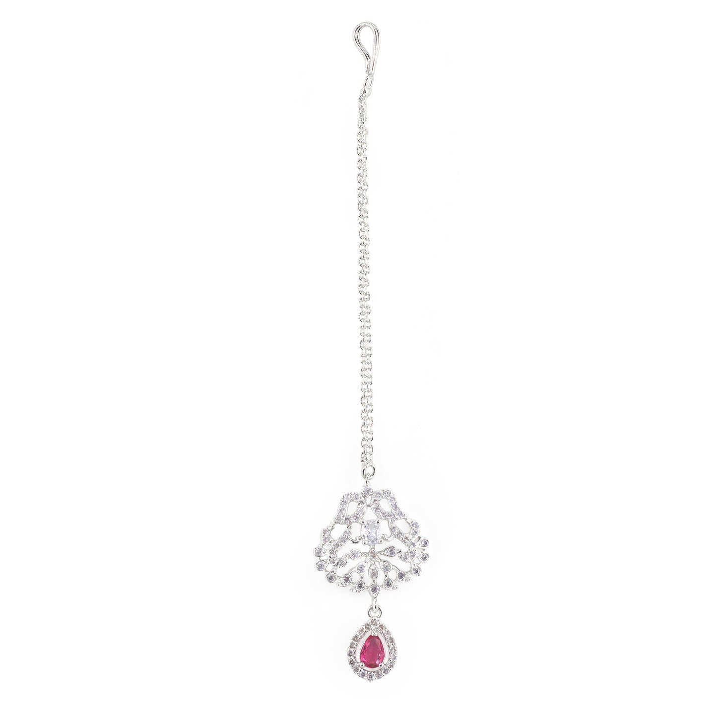Rhodium Plated Red AD Maang Tikka for Women