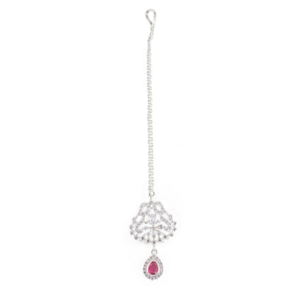 Rhodium Plated Red AD Maang Tikka for Women