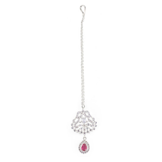 Rhodium Plated Red AD Maang Tikka for Women