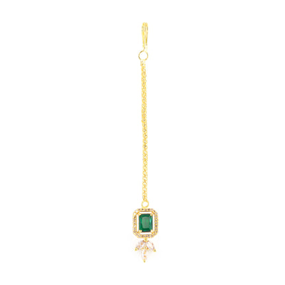 Gold Plated Green American Diamond Maang Tikka for Women
