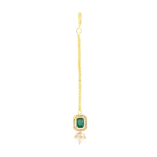 Gold Plated Green American Diamond Maang Tikka for Women