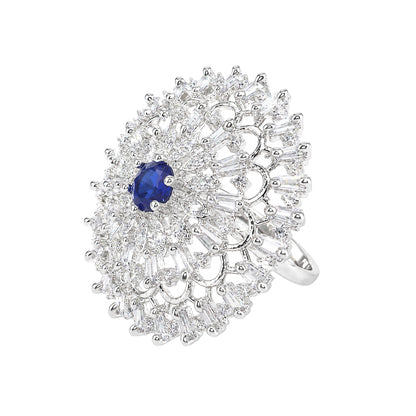 Silver Plated Blue AD Floral Ring for Women