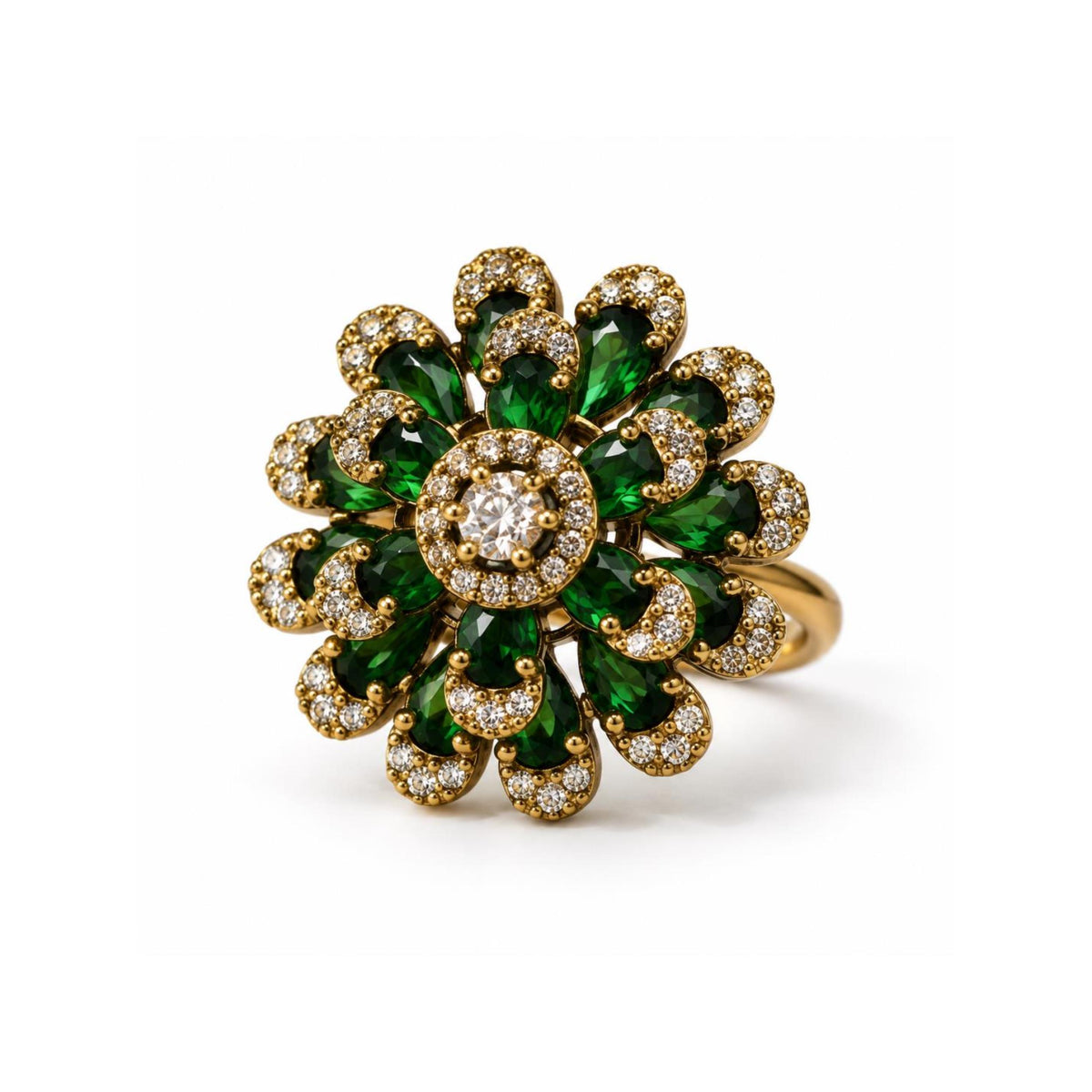 Antique Gold Plated Green AD Floral Finger Ring for Women