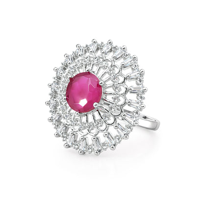 Rhodium Plated Pink AD Designer Adjustable Ring for Women