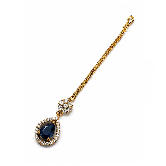Antique Gold Plated Blue AD Maang Tikka for Women