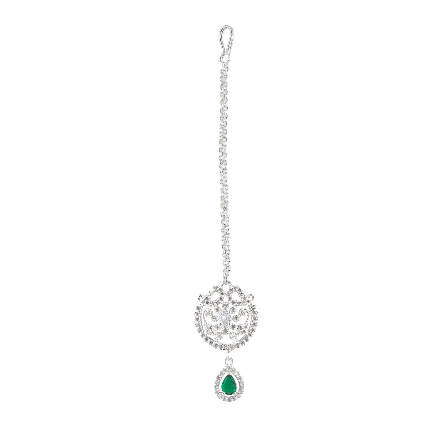 Rhodium Plated Green AD Maang Tikka for Women