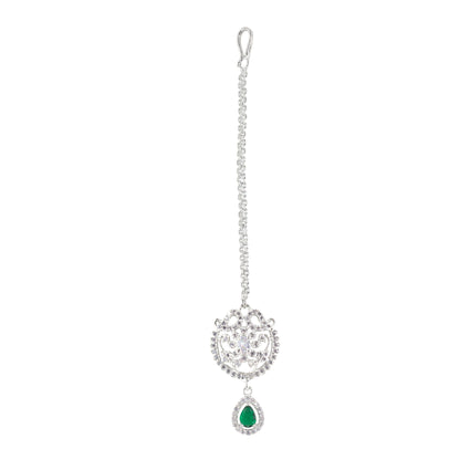Rhodium Plated Green AD Maang Tikka for Women