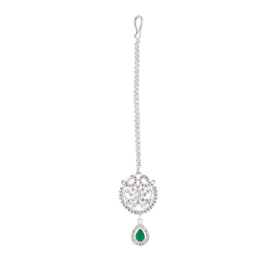 Rhodium Plated Green AD Maang Tikka for Women