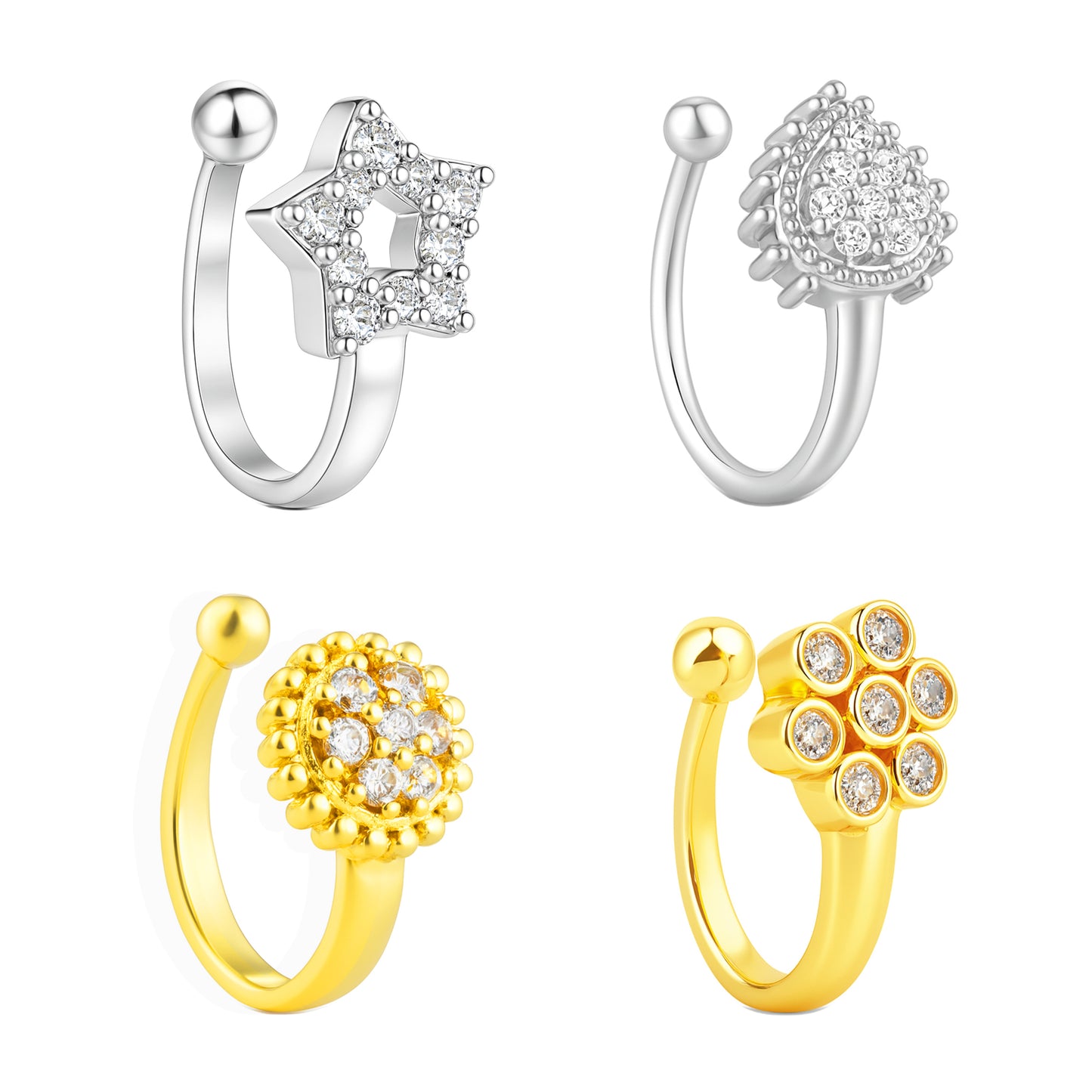 Set of 4 Silver & Gold Plated White AD Press On Nose Pins