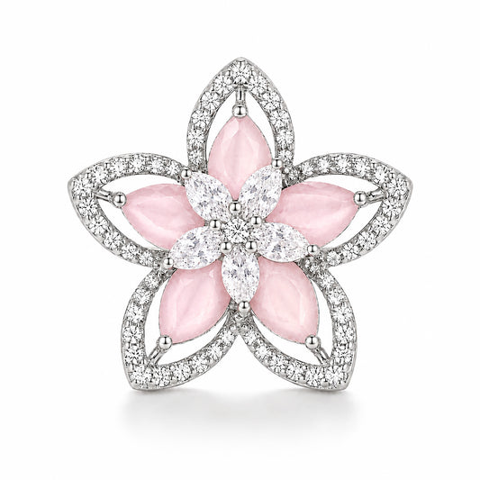 Rhodium Plated Pink AD Floral Finger Ring for Women