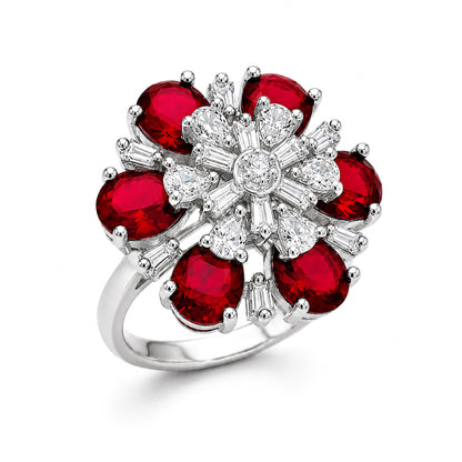 Silver Plated Red AD Floral Finger Ring for Women