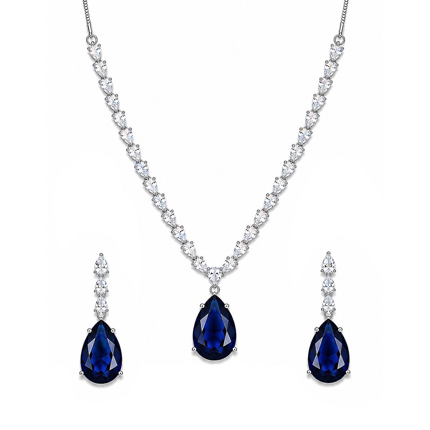 Silver Plated Blue Teardrop AD Jewellery Set for Women