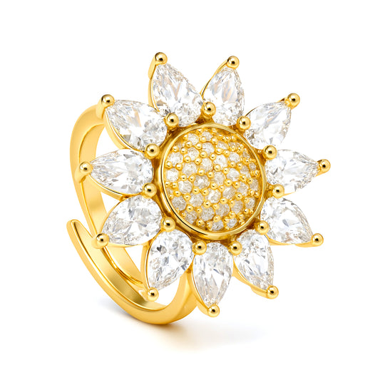 Gold Floral Premium AD Adjustable Ring – Sparkle Center Design for Women