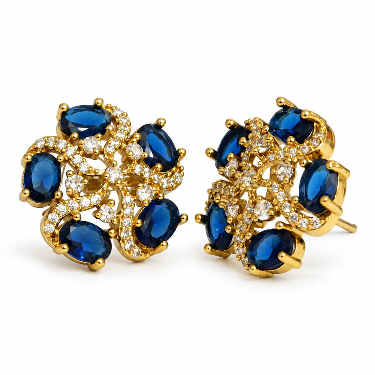 South Indian Gold Plated Blue AD Floral Stud Earrings for Women