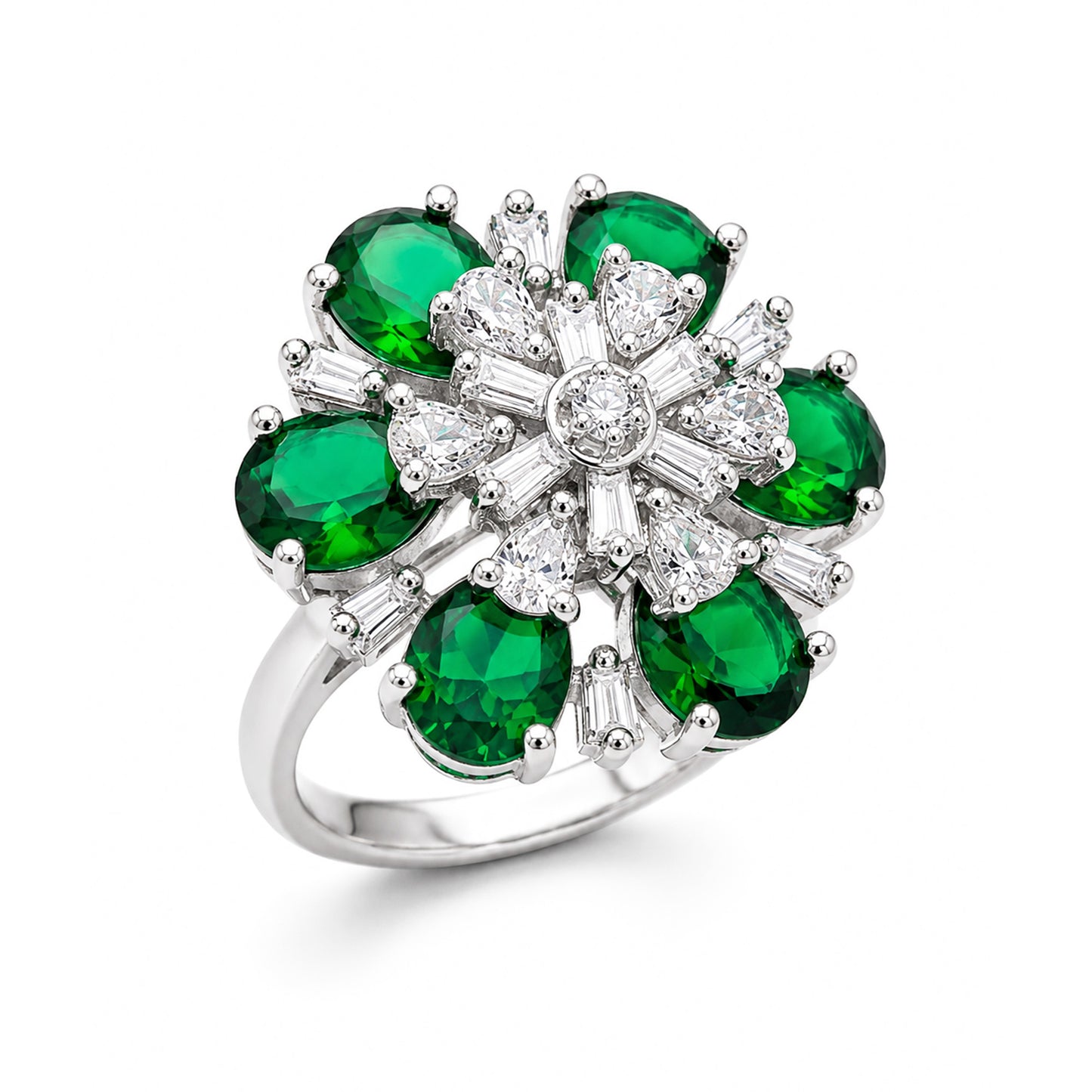 Silver Plated Green AD Floral Finger Ring for Women
