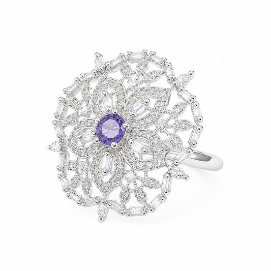Silver Plated Purple AD Floral Ring for Women