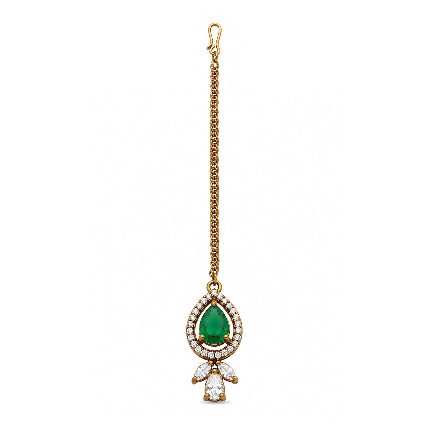 Antique Gold Plated Green AD Maang Tikka for Women